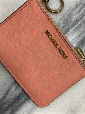 Michael Kors Coral Pink Saffiano Zip Card Case with Gold Hardware